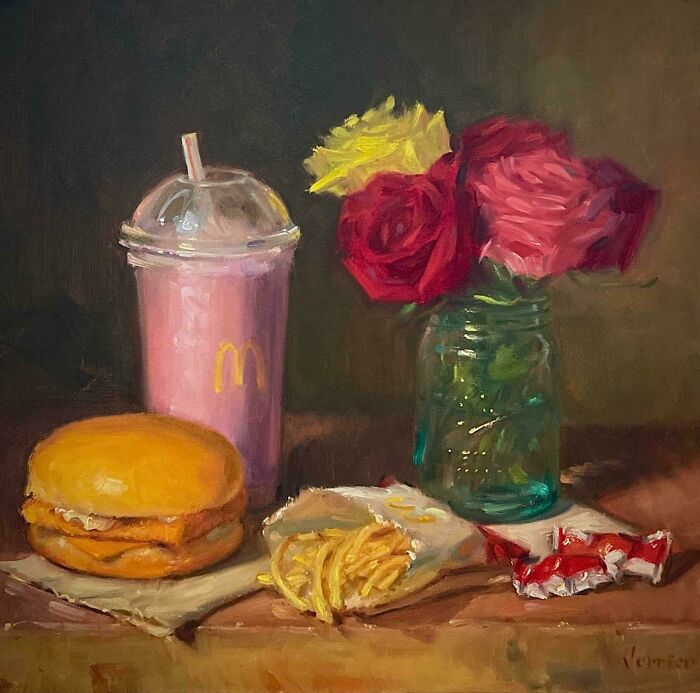 Painting of fast food with flowers, making people go 'hmmm', showing a burger, fries, shake, and roses in a jar. Painting of fast food with flowers, making people go 'hmmm', showing a burger, fries, shake, and roses in a jar.