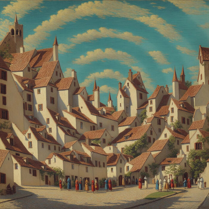 Whimsical village scene with tall, surreal houses and people in colorful attire. Whimsical village scene with tall, surreal houses and people in colorful attire.