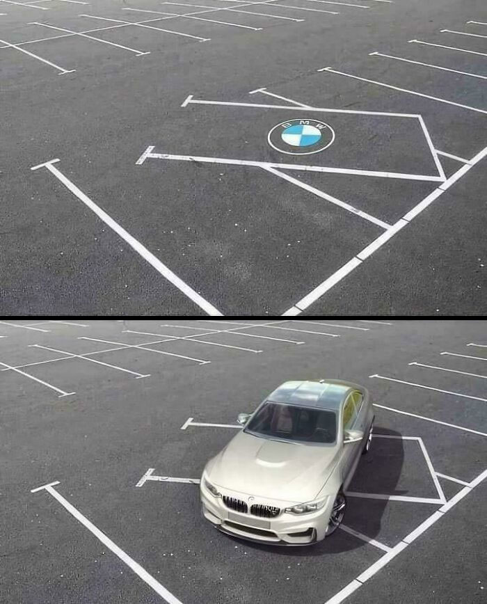 BMW car parked meticulously in a unique, oddly shaped parking spot, prompting a "hmmm" reaction. BMW car parked meticulously in a unique, oddly shaped parking spot, prompting a "hmmm" reaction.